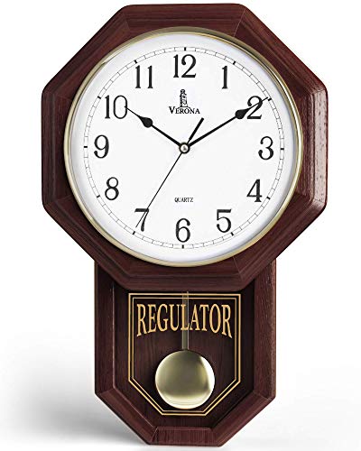 Pendulum Wall Clock – Regulator Clock – Wooden Schoolhouse Wall Clock with Pendulum – Wood Pendulum Clock Battery Operated – Decorative Wall Clocks for Living Room Decor, Home, Office and Gift 18×11