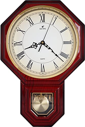 JUSTIME Traditional Schoolhouse Pendulum Wall Clock Chimes Hourly with Westminster Melody Made in Taiwan, 4AA Batteries Included (PP0258-RRM Red Mahogany)