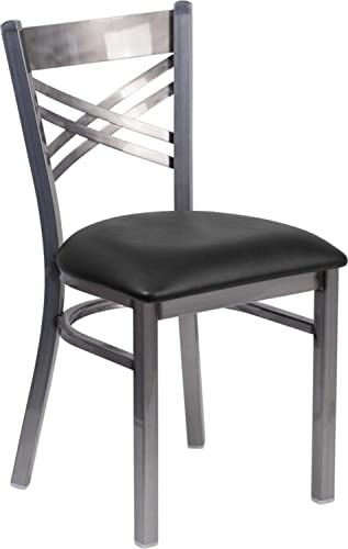 Flash Furniture HERCULES Series Clear Coated ”X” Back Metal Restaurant Chair – Black Vinyl Seat