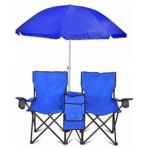 GoTeam Portable Double Folding Chair w/Removable Umbrella, Cooler Bag and Carry Case – Blue