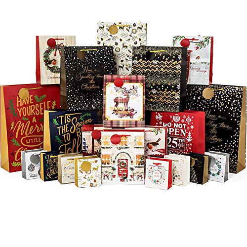 Gift Boutique 24 Count Christmas Gift Bags Bulk Set Includes 4 Jumbo 6 Large 6 Medium 8 Small Holiday Xmas Gifts Bag Assortment with Handles & Tags for Wrapping Any Size Present for Adults Teens Kids