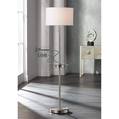 360 Lighting Caper Modern Floor Lamp with Tray USB and AC Power Outlet on Table Glass 60.5″ Tall Satin Nickel White Fabric Drum Shade for Living Room Reading House Bedroom