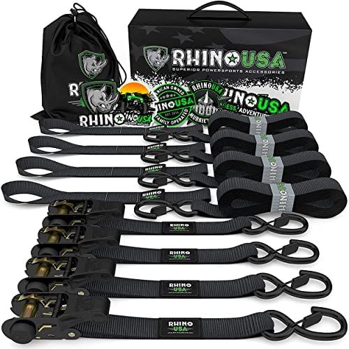 RHINO USA Ratchet Tie Down Straps (4PK) – 1,823lb Guaranteed Max Break Strength, Includes (4) Premium 1″ x 15′ Rachet Tie Downs with Padded Handles. Best for Moving, Securing Cargo