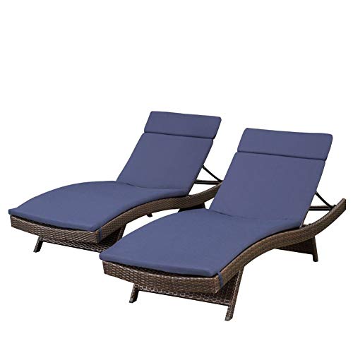 Christopher Knight Home Salem Outdoor Wicker Adjustable Chaise Lounge with Colored Cushions, 2-Pcs Set, Multibrown And Navy Blue