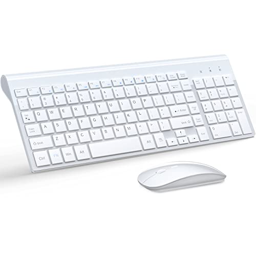 Wireless Keyboard and Mouse Ultra Slim Combo, TopMate 2.4G Silent Compact USB Mouse and Scissor Switch Keyboard Set with Cover, 2 AA and 2 AAA Batteries, for PC/Laptop/Windows/Mac – White