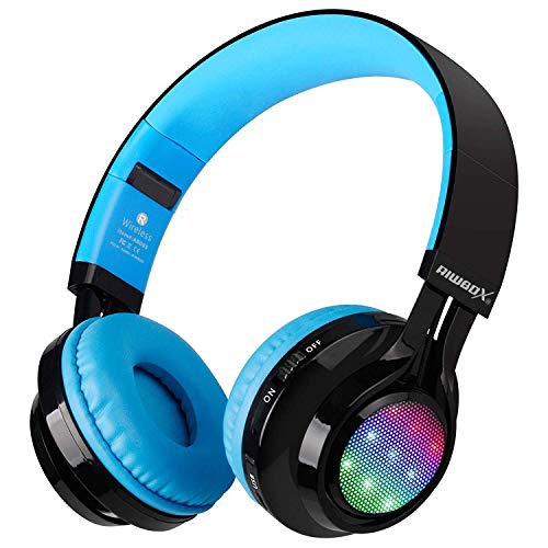 Riwbox Bluetooth Kids Headphones, AB005 Wireless Headphones Bluetooth V5.2 with Microphone Foldable Headset with TF Card FM Radio and LED Light Compatible for Cellphones PC TV Ipad (Black&Blue)