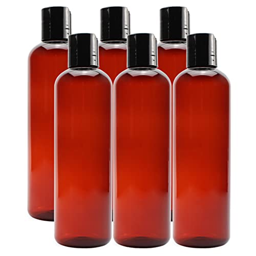 Cornucopia Brands 8oz Empty Plastic Bottles with Disc Top Flip Cap (6 pack); BPA-Free Containers For Shampoo, Lotions, Liquid Body Soap, Creams (8 ounce, Amber Brown)