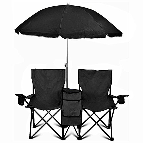 GoTeam Portable Double Folding Chair w/Removable Umbrella, Cooler Bag and Carry Case – Black
