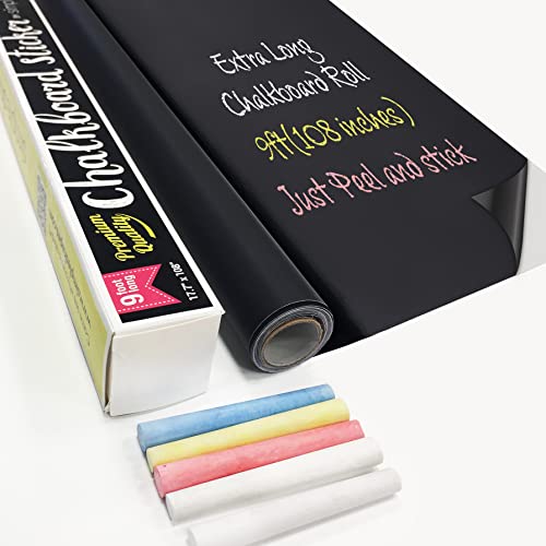 Extra Large Chalkboard Contact Paper 9 Feet roll (108 inches) + (5) Color Chalk Included – by Simple Shapes