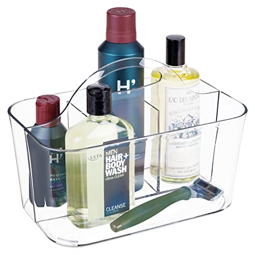 mDesign Small Plastic Shower and Bathroom Storage Organizer Caddy Tote with Handle for Dorm, Shelf, Cabinet – Hold Soap, Shampoo, Conditioner, Combs, Brushes, Lumiere Collection, Clear