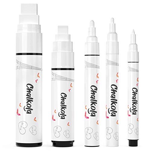 Chalkola 5 White Chalk Markers for Chalkboard Signs, Blackboard, Car Window, Bistro, Glass | 5 Variety Pack – Thin, Fine Tip, Bold & Jumbo Size Erasable Liquid Chalk Pens (1mm, 3mm, 6mm, 10mm, 15mm)