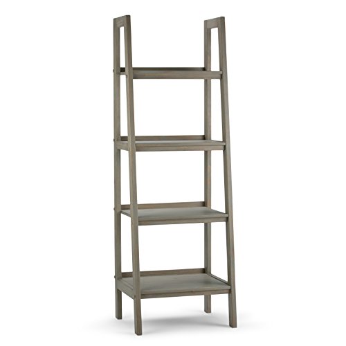 SIMPLIHOME Sawhorse SOLID WOOD 72 inch x 24 inch Modern Industrial Ladder Shelf in Distressed Grey with 4 Shelves, for the Living Room, Study and Office