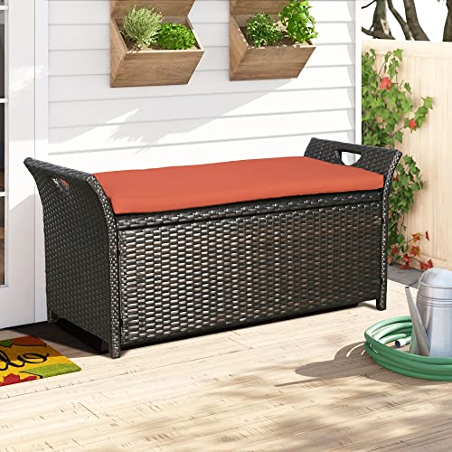 Ulax Furniture Outdoor Storage Bench Rattan Style Deck Box w/Cushion