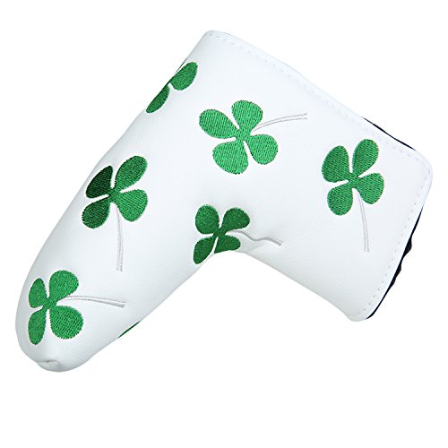 Sword &Shield sports White Green Shamrock Lucky Clover Putter Head Cover Four Leaf Clover Headcover for Scotty Cameron Ping Odyssey Taylormade (White)