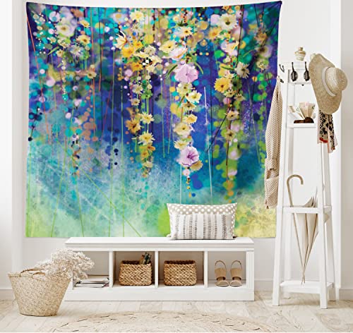 Ambesonne Watercolor Flower Tapestry, Vines Flowers in Soft Colors Summer Garden Watercolor Artwork, Wide Wall Hanging for Bedroom Living Room Dorm, 60″ X 40″, Mustard Indigo