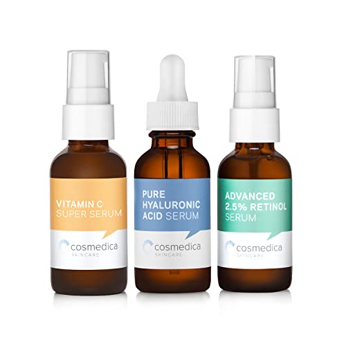 Cosmedica Skincare Facial Serum Trio Set Value for Clear Skin – Vitamin C Super Serum, 2.5% Retinol Serum, Pure Hyaluronic Acid Serum – Vegan, Cruelty-Free Skincare