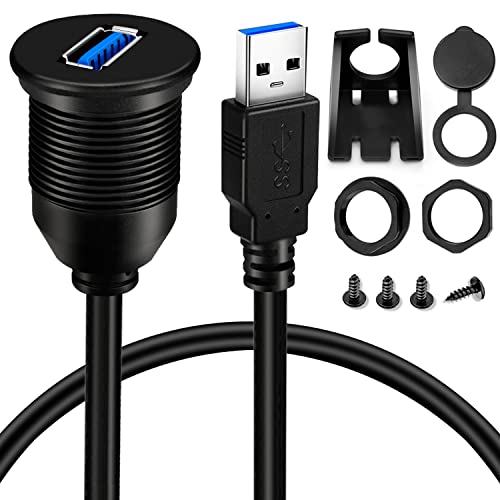BATIGE Single Port USB 3.0 Male to Female AUX Car Mount Flush Cable Waterproof Extension for Car Truck Boat Motorcycle Dashboard Panel – 3ft