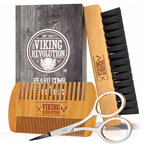 Viking Revolution Beard Comb & Beard Brush Set for Men – Natural Boar Bristle Brush and Dual Action Pear Wood Comb w/Velvet Travel Pouch – Great for Grooming Beards and Mustaches
