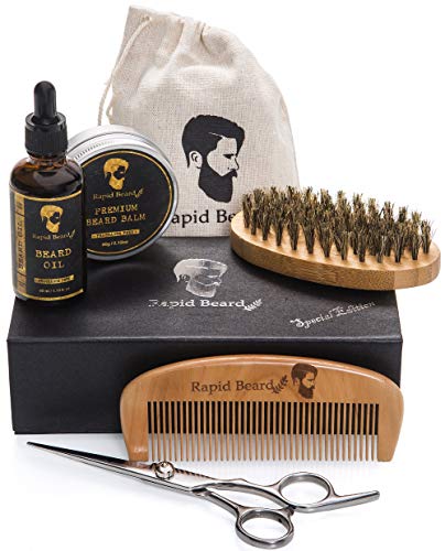 Beard Grooming & Trimming Kit for Men Care – Beard Brush, Beard Comb, Unscented Beard Oil Leave in Conditioner, Mustache & Beard Balm Butter Wax Growth, Styling Scissors – Stocking Stuffers Gift set