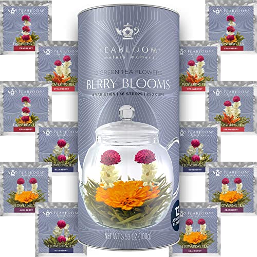 Teabloom Holiday Flowering Teas – 12 Assorted, Delicious Berry Blooming Teas – Premium Green Tea + Cranberry, Blueberry, Acai Berry & Strawberry
