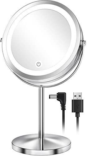 ALHAKIN Lighted Makeup Mirror, 10x Makeup Mirror with Lights, 7 Inch Double Sided Magnifying Vanity Mirror with 3 Color LED Dimmable Desk Lit Cosmetic Mirror, Chrome