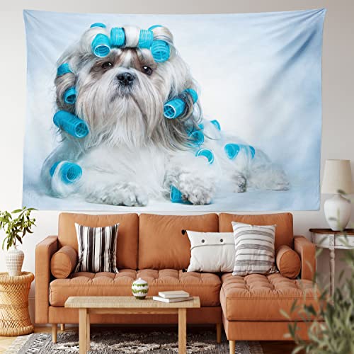 Ambesonne Dog Lover Tapestry, Shih Tzu Dog Grooming Hairstyle Salon Front View Closeup Studio Shot, Wide Wall Hanging for Bedroom Living Room Dorm, 60″ X 40″, White Blue