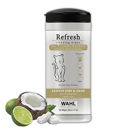 WAHL Cat Refresh Cleaning Wipes with Oatmeal Formula for Refreshing and Cleaning Dirty Cats – 50 Count – 820017-500