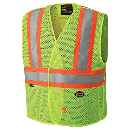 Pioneer High Visibility Vest, Flame Resistant, 3 Snap Button Front, Polyester Mesh, Reflective Tape, Yellow/Green, Unisex, V2510860U-L/XL, Large / XL