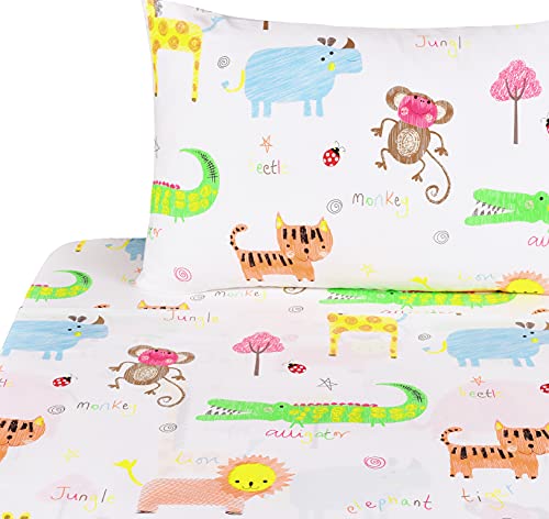 J-pinno Lovely Jungle Elephant Monkey Giraffe Animals Twin Sheet Set Bedroom Decoration Gift 100% Cotton Flat Sheet + Fitted Sheet + Pillowcase Bedding Set for Unisex Boys Girls (Animal, Twin)