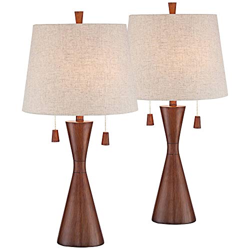 360 Lighting Omar Mid Century Modern Chic Style Table Lamps 28.75″ Tall Set of 2 Warm Brown Wood Oatmeal Tapered Drum Shade Decor for Living Room Bedroom House Bedside Nightstand Home
