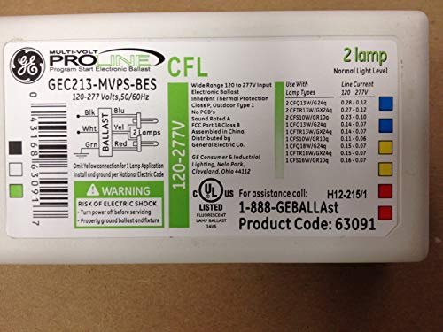GE 63091 HIGH FREQUENCY ELECTRONIC BALLASTS FOR 2 OR 1 CFL LAMP, COMPACT FLOURESCENT TECHNOLOGY, SERIES LAMP WIRING. 3-PACK