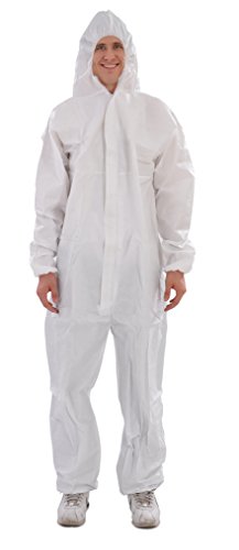 Raygard 30203 Microporous Disposable Coveralls Protective Breathable Hooded Suit with Elastic Cuffs, Ankles and Waist,Zip Front Opening, Serged Seams for Spray Paint Chemical Industrial(X-Large,White)