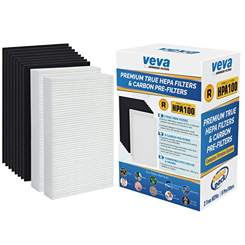 Complete Premium 2 HEPA Replacement Filter Pack Including 8 Activated Carbon Pre Filters Precut for HPA100 compatible with Honeywell Air Purifier 090, 094, 100, 104, 105, HA106 & Filter R by VEVA