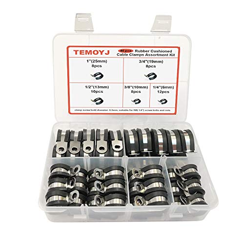 Cable Clamps Assortment Kit, 46 Pcs 304 Stainless Steel Rubber Cushion Pipe Clamps Assorted with 5 Size 1/4” 3/8” 1/2” 3/4” 1” For Wire Cord Installation