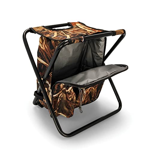 Camco Folding Camping Stool Backpack Cooler Trio- Camping/Hiking Bag with Waterproof Insulated Cooler Pockets and Sturdy Legs for Seating, Great For Travel – Camouflage (51908)