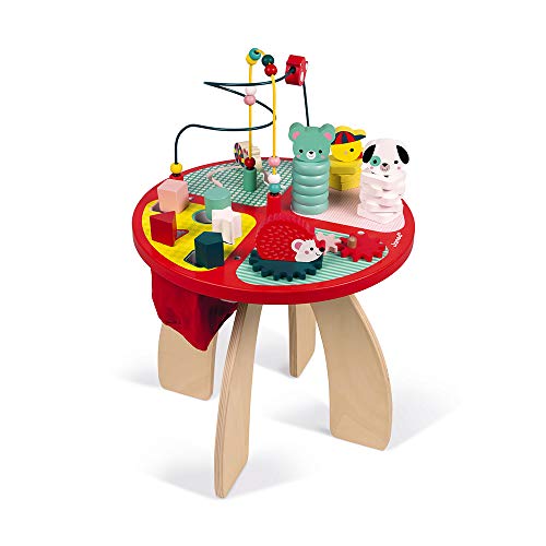 Janod Baby Forest Wooden Activity Table – 4 Play Areas – 23.2″ Tall – Ages 1+ – J08018