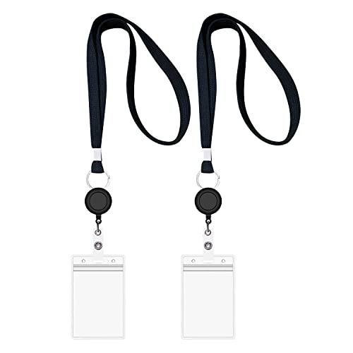 CarryLuxe Lanyard with ID Holder Set (Black,2 Pack)- Flat Polyester ID Lanyard with Retractable Badge Reel & Vinyl Name Badge Holder