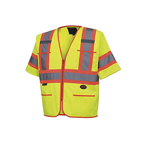 Pioneer Hi Vis Tricot Sleeved Safety Vest – High Visibility Reflective Tape – 4 Pockets – Yellow/Green – for Men & Women