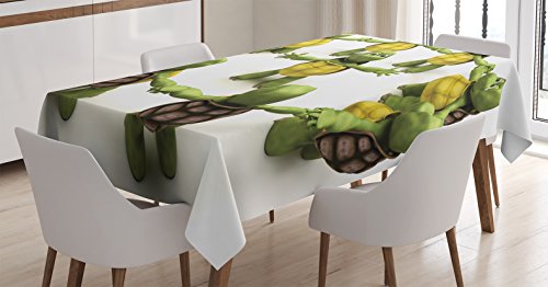 Ambesonne Reptile Tablecloth, Ninja Turtles Dancing Tortoise Team Relax Fun Happiness Theme, Rectangular Table Cover for Dining Room Kitchen Decor, 60″ X 90″, Green White Brown
