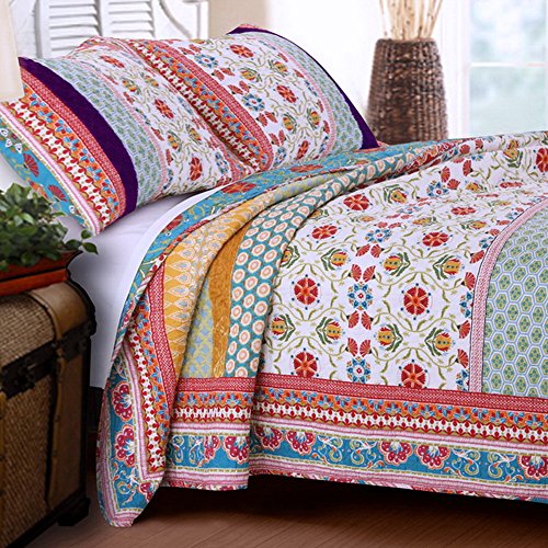 Quilt Set 100 Cotton 3 Piece with Shams Full/Queen Reversible Retro Bohemian Style Printed with Flowers Mandala Medallion Geometric Pattern Blue Red Yellow Luxury Bedding