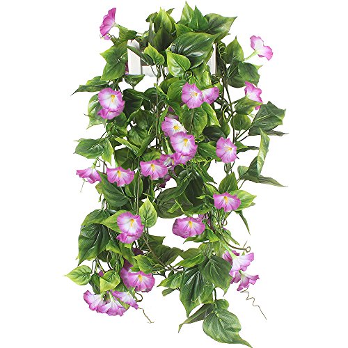GTIDEA Artificial Vines, 2pcs 15Feet Morning Glory Hanging Plants Silk Garland Fake Green Plant Home Garden Wall Fence Stairway Outdoor Wedding Hanging Baskets Decor Purple