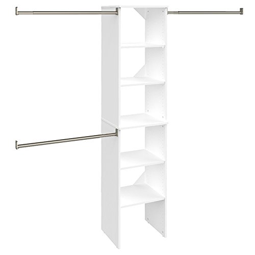 ClosetMaid SuiteSymphony Wood Closet Organizer Starter Kit with Tower and 3 Hang Rods, Shelves, Adjustable, Fits Spaces 4 – 9 ft. Wide, Pure White, 16″