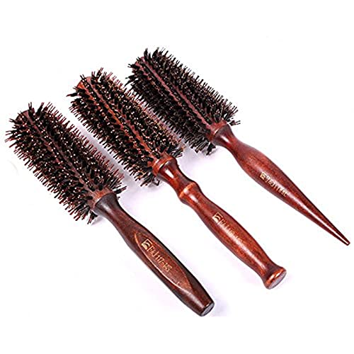Healthcom 3 in 1 Premium Boar Bristle Brush Natural Boar Bristle Round Styling Hair Brush with Nylon Pins Wooden Boar Bristle Comb Hair Drying Styling Curling Hair Brush Set for Women Men,3 Pieces