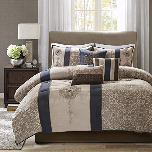 Madison Park Comforter Faux Silk-Traditional Luxurious Jacquard Design All Season Set, Matching Bed Skirt, Decorative Pillows, King(104″x92″), Navy 7 Piece