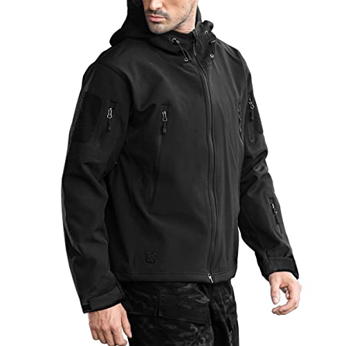 FREE SOLDIER Men’s Outdoor Waterproof Soft Shell Hooded Military Tactical Jacket(Black, Large/US)