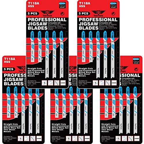 25 x TopsTools T118A Metal Cutting Jigsaw Blades Compatible with Bosch, Dewalt, Makita, Milwaukee and many more