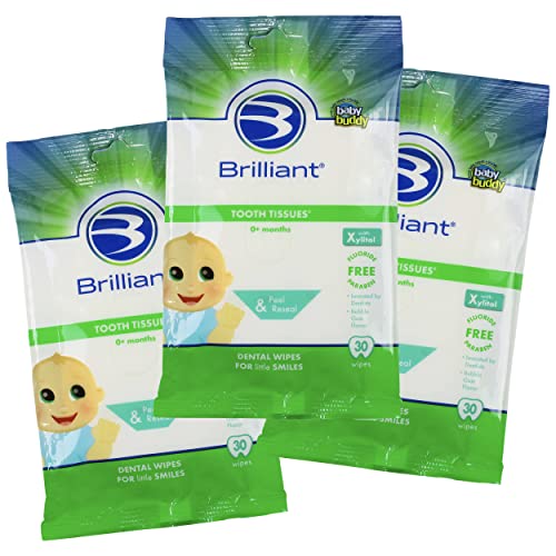 Brilliant Tooth Tissues with Xylitol, Teeth Wipes for Babies and Toddlers, Infant Mouth Wipes, Safe if Swallowed, Fluoride Free, Oral Health Must Haves for Baby, All Ages, 90 Count (3 Packs of 30)
