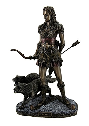 Resin Statues Skadi Norse Giantess Ski Goddess Of Winter And Mountains With Wolves Statue 8 X 10.5 X 7 Inches Bronze