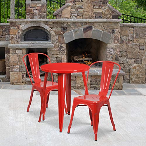 Flash Furniture Commercial Grade 24″ Round Red Metal Indoor-Outdoor Table Set with 2 Cafe Chairs