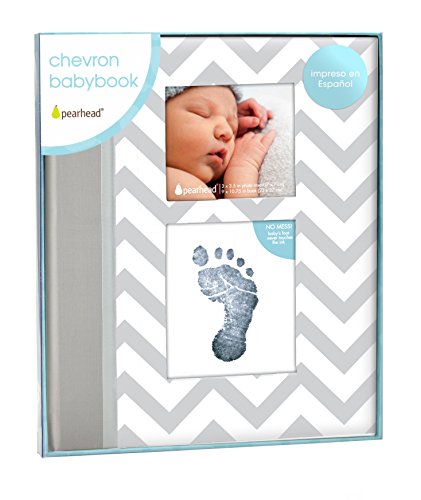 Pearhead Spanish Language Version Chevron Keepsake Baby Memory Book in Spanish with Clean Touch Ink Pad, Gray